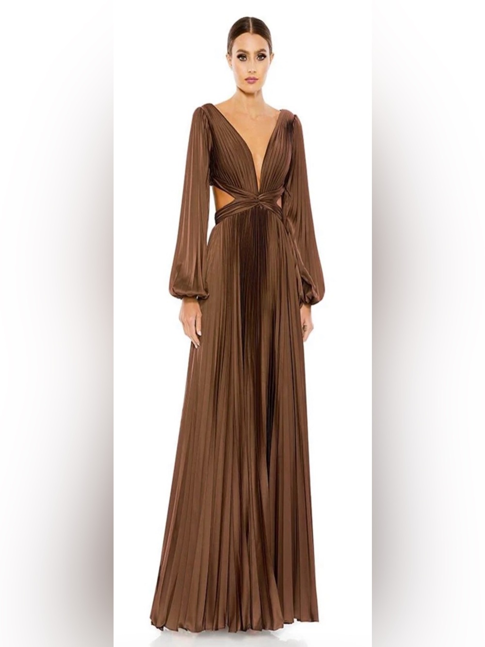 Mac Duggal  - Espresso Long Sleeve Cutout Maxi Dress SZ 0